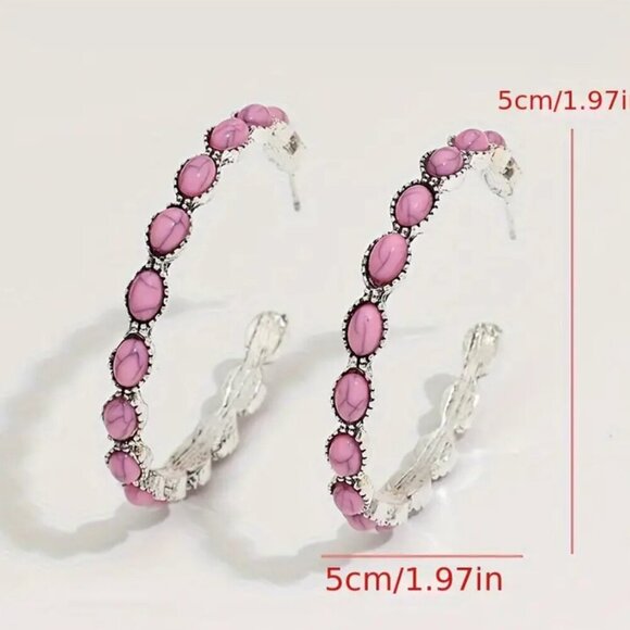 NEW Pink hoop earrings, western aesthetic earrings, pink retro jewelry turquoise - Picture 2 of 6